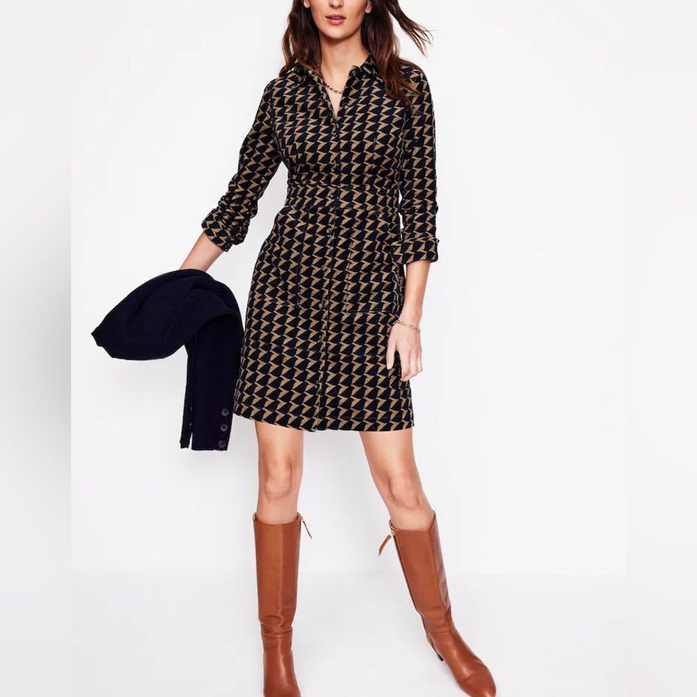 Boden Flora Corduroy Dress – Brown Geometric Print, Long Sleeve, Sz 10, NWT